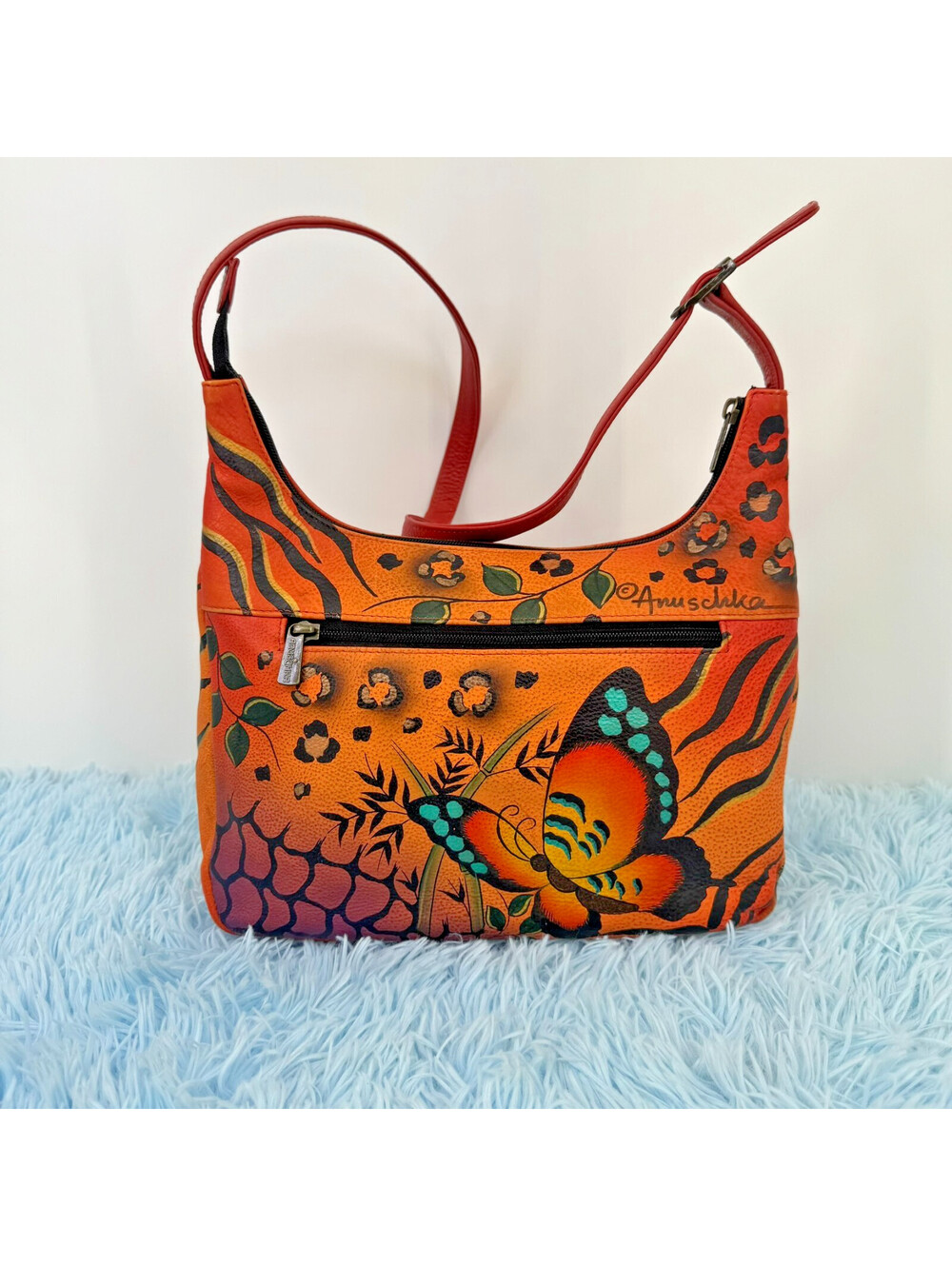 Anuschka Hand Painted Leather Butterfly Floral Hobo Shoulder Bag Orange